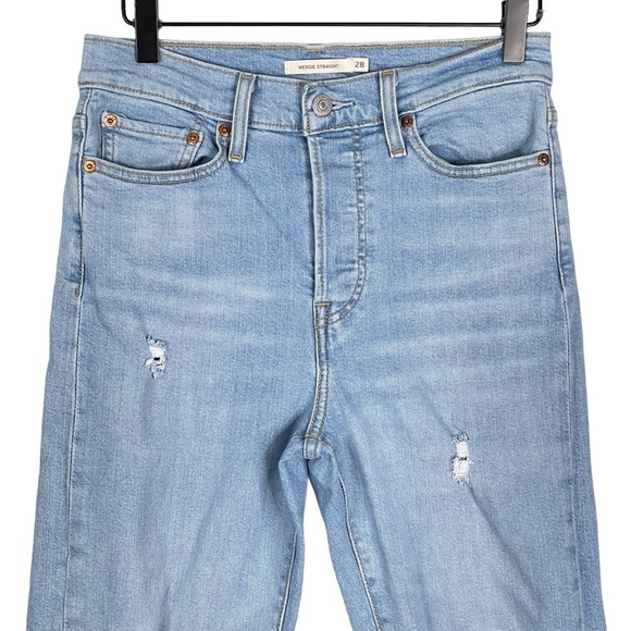 Levis Wedgie Straight Jeans 28 Distressed Light Wash Raw Hem Button Fly Stretch - Picture 2 of 11